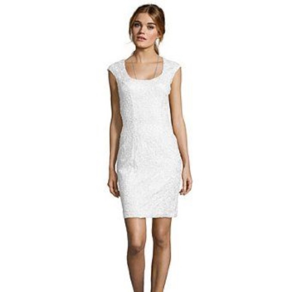 Sue Wong white cap sleeve embellished dress